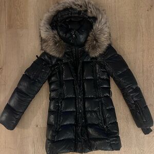 SAM. Black Puffer Jacket with raccoon fur hood